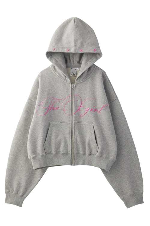 X-girl エックスガール 105253012009 PENCIL SCRIPT LOGO EMBROIDERED ZIP UP SWEAT HOODIE ジップパーカー ASH 正規通販 レディース