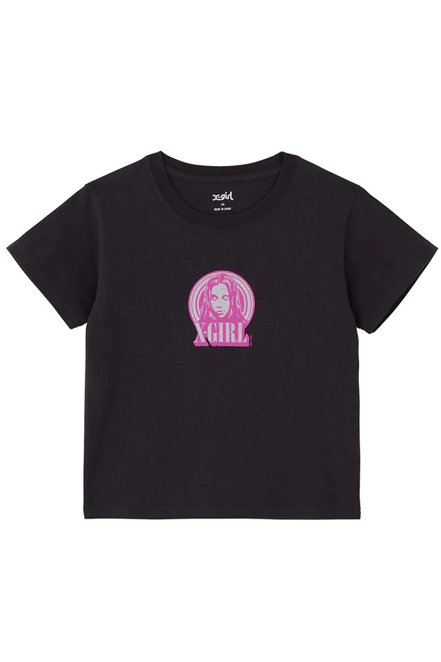 X-girl エックスガール 105233011010 GLITTER CIRCLE BACKGROUND FACE LOGO S/S BABY TEE X-girl Tシャツ CHACOAL 正規通販 レディース
