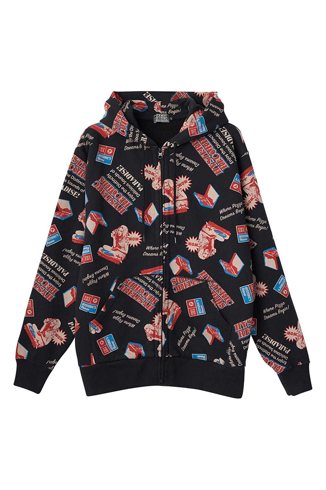 HYSTERIC GLAMOUR ヒステリックグラマー 02261CF02 HYSTERIC RECORDS柄 パーカー BLACK 正規通販 メンズ