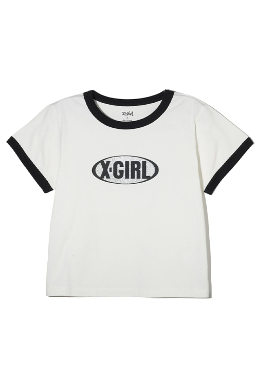 X-girl エックスガール 105242011012 GLITTER OVAL LOGO S/S BABY TEE ベビーTシャツ WHITE 正規通販 レディース