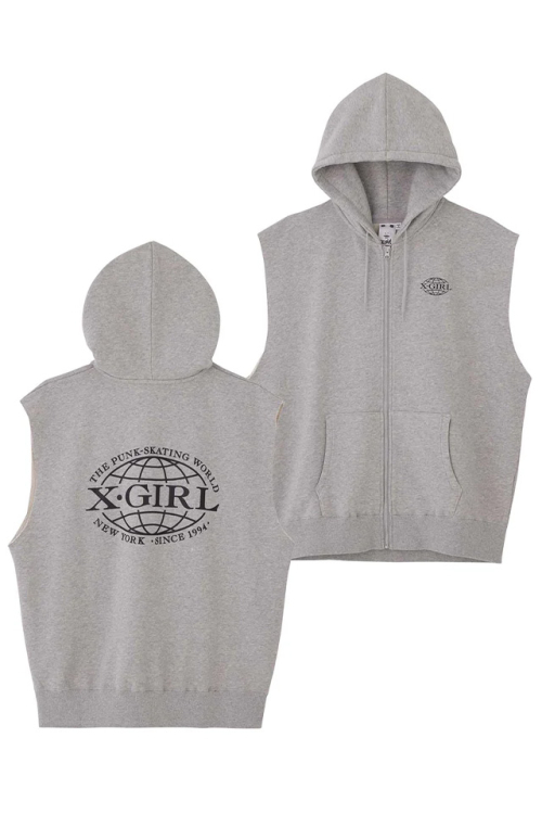 X-girl エックスガール 105233012014 X-GIRL WORLD LOGO ZIP UP SWEAT VEST ジップアップスウェットベスト ASH 正規通販 レディース