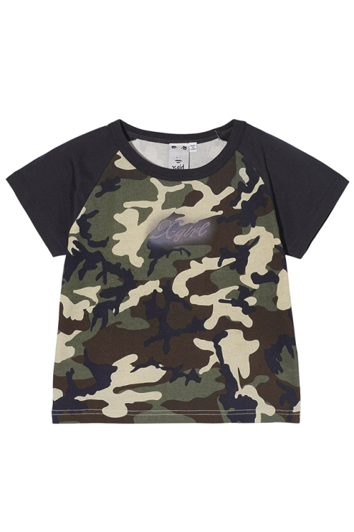 X-girl エックスガール 105241011021 ESPRAY PRINT AND EMBROIDERY S/S RAGLAN BABY TEE X-girl ラグランベビーTシャツ CAMO 正規通販 レディース