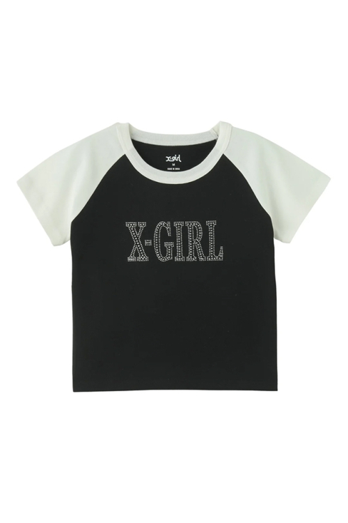X-girl エックスガール 105252011029 RHINESTONE ROMAN TYPE LOGO RAGLAN S/S BABY TEE ベビーTシャツ BLACK 正規通販 レディース