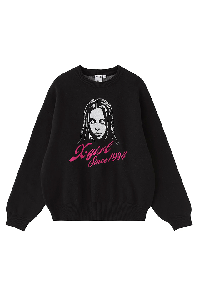 X-girl エックスガール 105261015001 CURSIVE LOGO AND FACE JACQUARD KNIT TOP ジャガードニット BLACK 正規通販 レディース