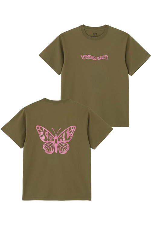 X-girl エックスガール 105232011014 GLITTER BUTTERFLY LOGO S/S TEE X-girl Tシャツ OLIVE 正規通販 レディース
