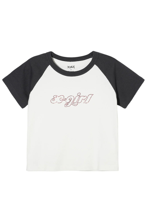 X-girl エックスガール 105242011014 RHINESTONE CHUBBY LOGO S/S RAGLAN BABY TEE ラグランベビーTシャツ WHITE 正規通販 レディース