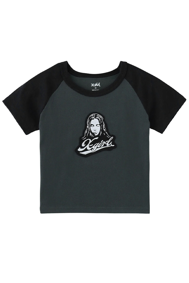 X-girl エックスガール 105261011009 FACE EMBROIDERED PATCH RAGLAN S/S BABY TEE ベビーTシャツ CHACOAL 正規通販 レディース
