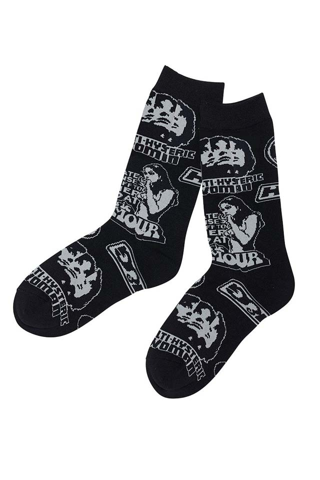 HYSTERIC GLAMOUR ヒステリックグラマー 01261QT04 SUPER-HYS柄 ソックス BLACK 正規通販 レディース