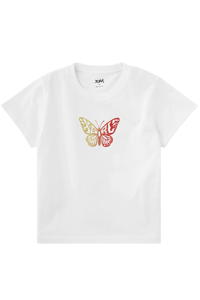 X-girl エックスガール 105262011005 GRADIENT GLITTER BUTTERFLY S/S BABY TEE ベビーTシャツ WHITE 正規通販 レディース