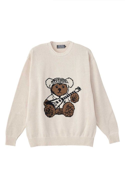 HYSTERIC GLAMOUR ヒステリックグラマー 02253NS03 HYSTERIC TEDDY FLYING Vジャカード セーター WHITE 正規通販 メンズ レディース